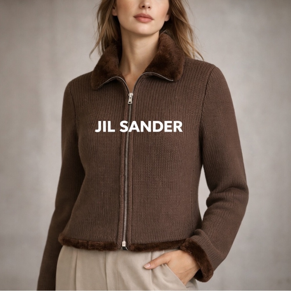Jil Sander Authentic Brown Knit Zip Jacket Faux Fur Collar Sz 38 Italian Luxury